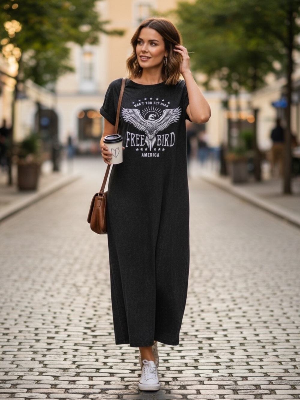 Zutter mineral wash cotton graphic t-shirt maxi dress with a Free Bird graphic